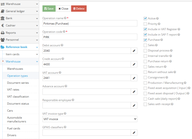 Fixed asset purchase operation creation window